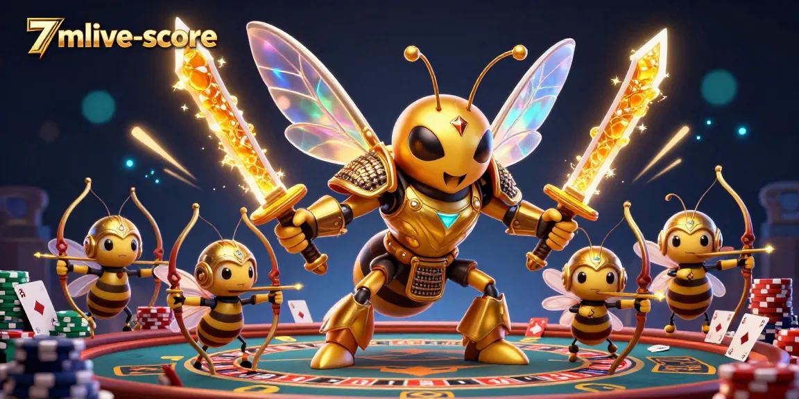 Engage with 7mlive-score at the vibrant casino adventure illustrated with dynamic characters and gaming elements.