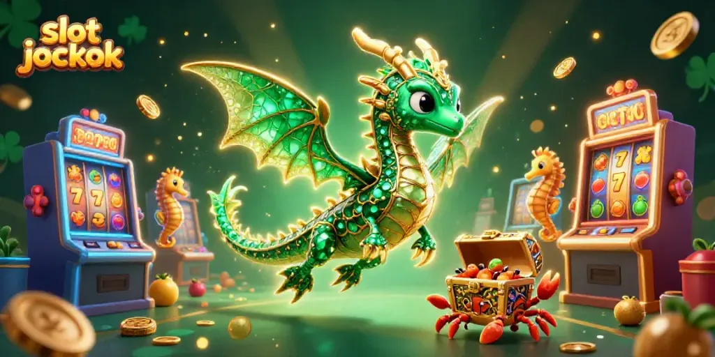 Menangkan slot jackpot sambil menyaksikan naga laut indah dan simbol permainan kasino dalam ilustrasi 3D.