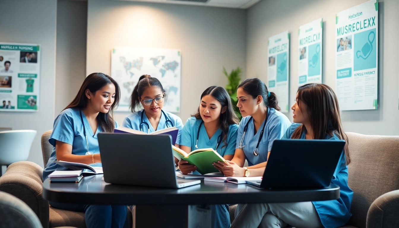 Students collaborating at the Houston Trusted Nclex review center with nursing materials.