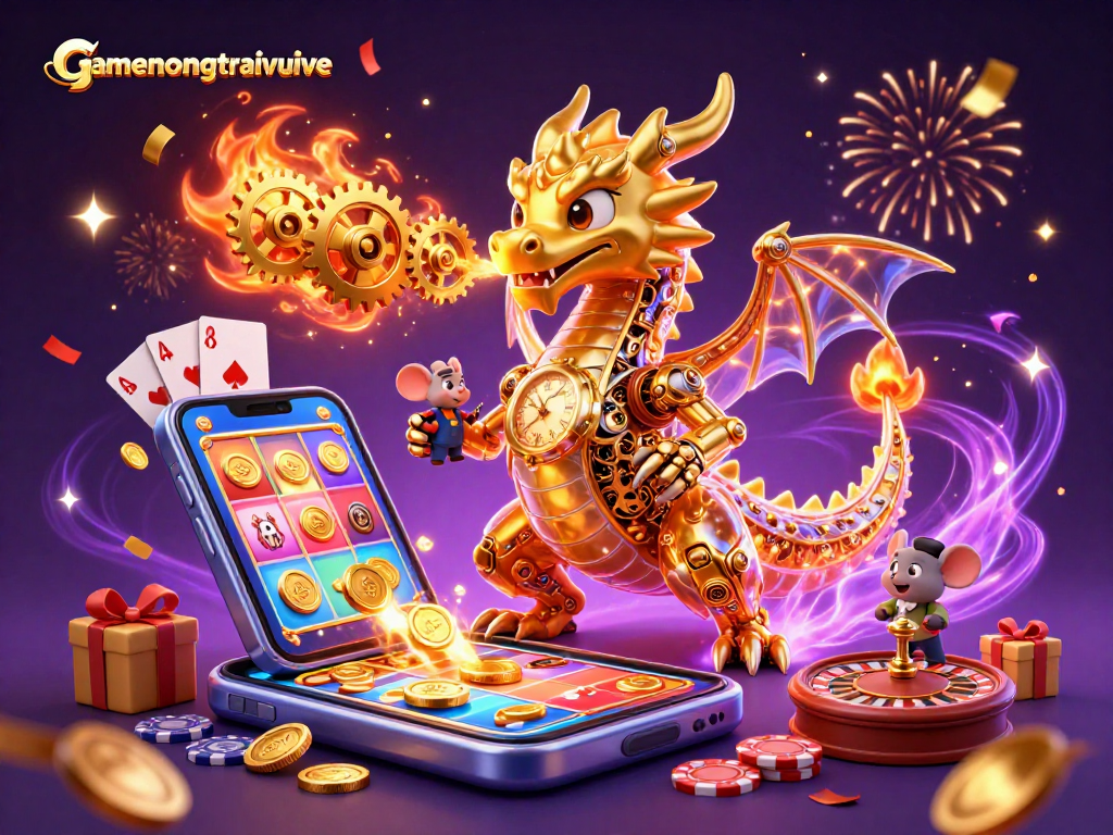 Engage with gamenongtraivuive's 3D casino concept featuring a golden dragon and vibrant slots.