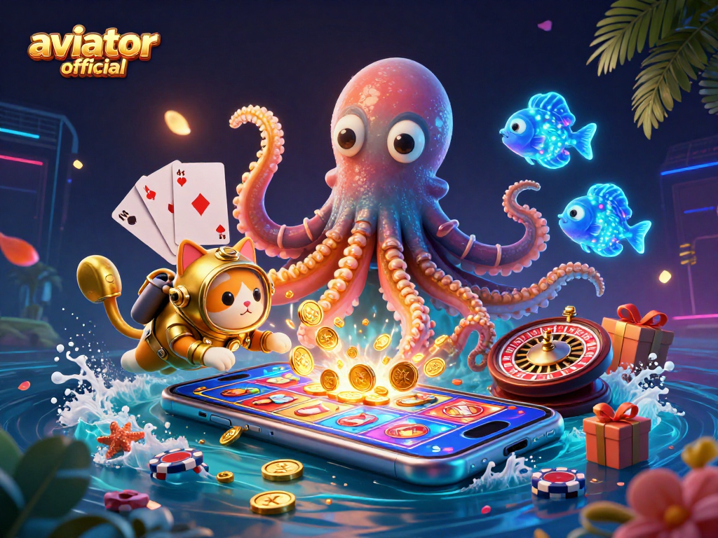 Aviator official showcases a kraken and diving cat in a vibrant underwater casino setting.