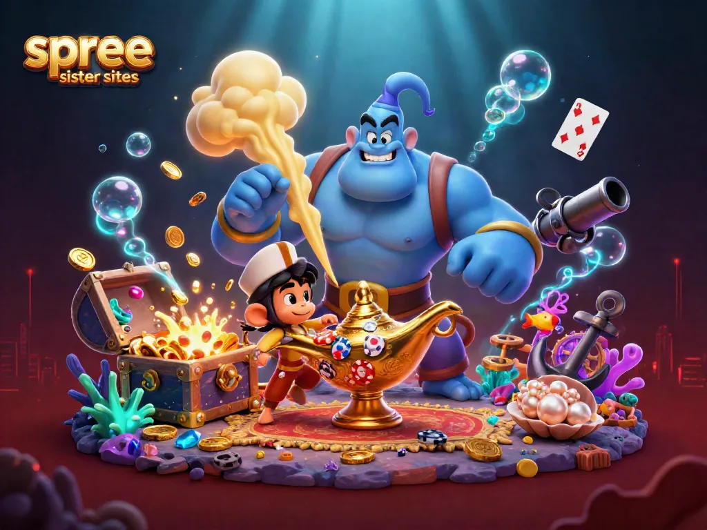 Join exciting gameplay at spree sister sites, with a vibrant 3D scene of a genie granting wishes and poker chips!