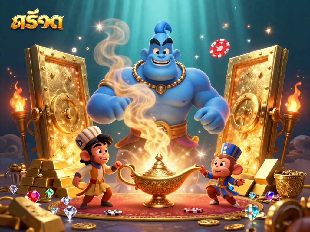 Engage in สล็อต fun with the magical genie amidst treasure and poker chips, creating a captivating casino scene.