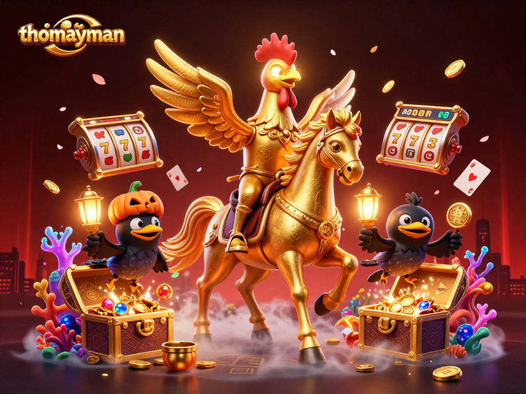 Experience thrilling wins with thomayman as a golden rooster in a dazzling casino adventure.