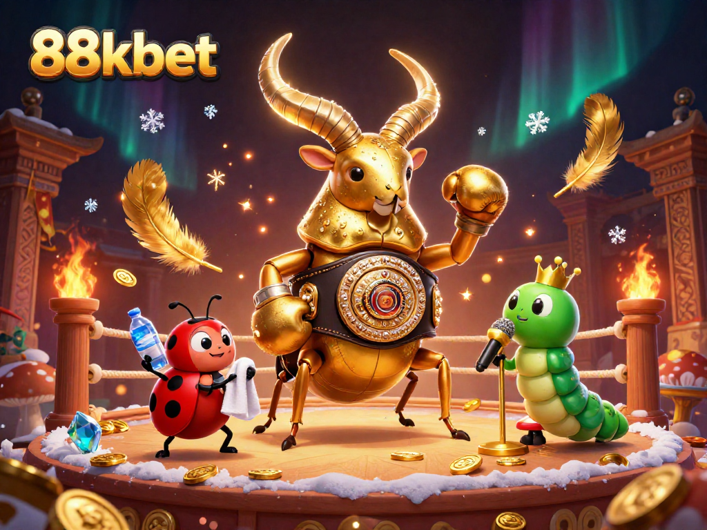 Bet on 88kbet with fun, vibrant 3D illustration featuring a boxing beetle and engaging casino elements.