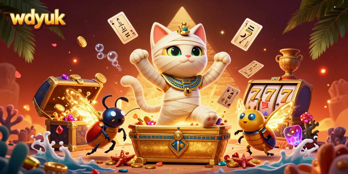 Experience the enchanting wdyuk universe with a mummy cat, treasures, and floating playing cards.