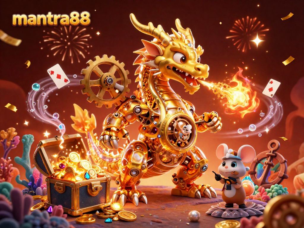 Win big with mantra88 in this vivid illustration of a golden dragon amidst casino treasures.