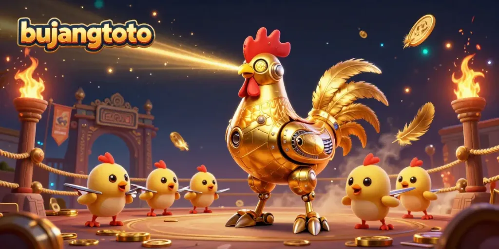 Bujangtoto features an energetic scene with a golden rooster robot leading baby chick drones in a vibrant gaming atmosphere.