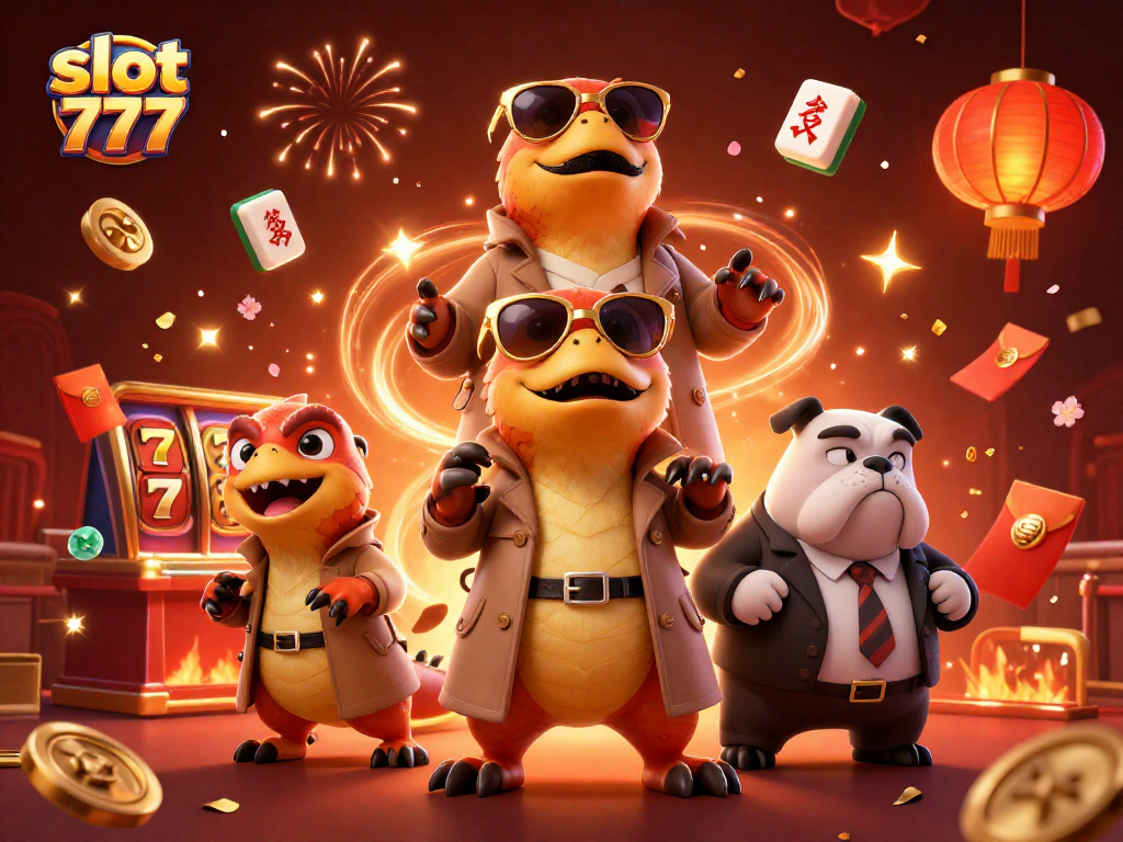 Experience slot 777 action with raptors in a trench coat evading a bulldog bouncer at a VIP casino.