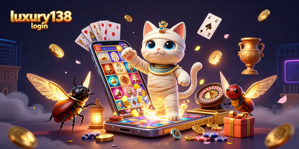 Masuk ke dunia mewah luxury138 login dengan ikon cat mummy 3D dan simbol permainan judi.