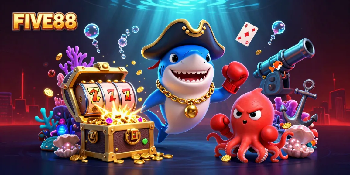 Engage with FIVE88's vibrant 3D underwater casino scene showcasing adventures with animated characters.