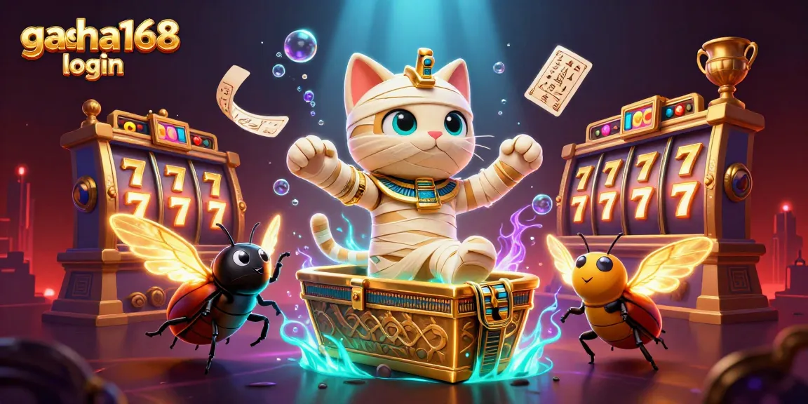 Experience thrilling gacha168 login adventures with a mummy cat and golden charms in a vibrant casino