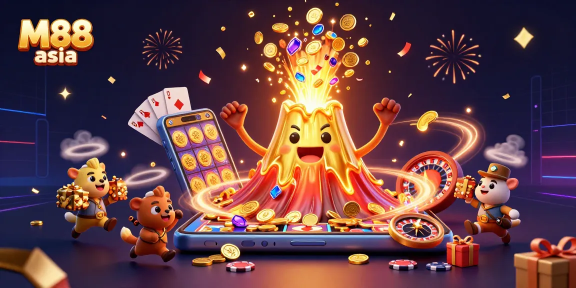 M88 asia celebrates epic wins with a vibrant 3D casino scene showcasing treasures and excitement