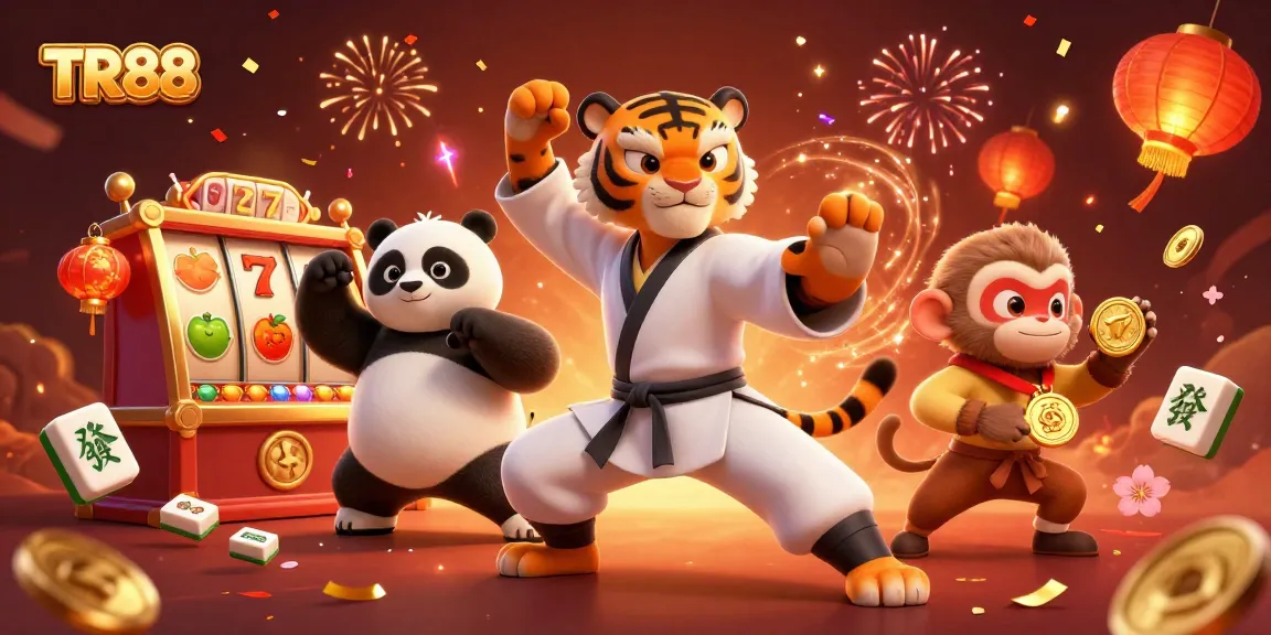 Experience TR88's thrilling slot scene with kung fu characters amidst vibrant casino elements.