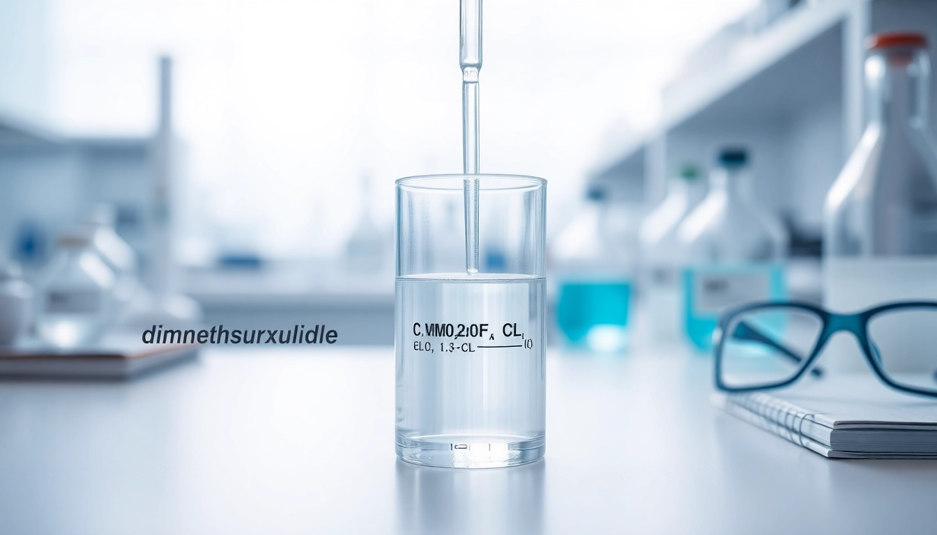 Showcasing dimethylsulfoxide in a laboratory setting with scientific equipment.