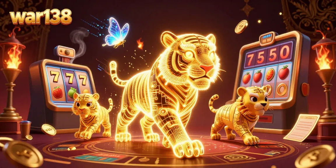 Experience exciting gaming with war138 as the golden tiger illuminates a digital casino landscape filled with slots and jackpots.