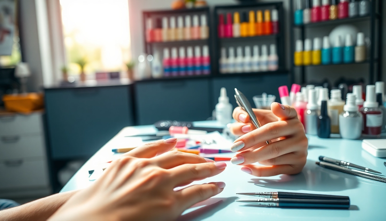 Nail extensions expertly applied in a vibrant beauty salon setting.