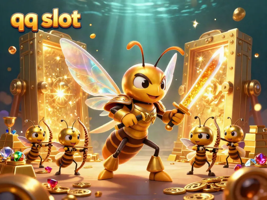 Experience the thrill of qq slot gaming with a vibrant 3D illustration of casino treasures and adventure.