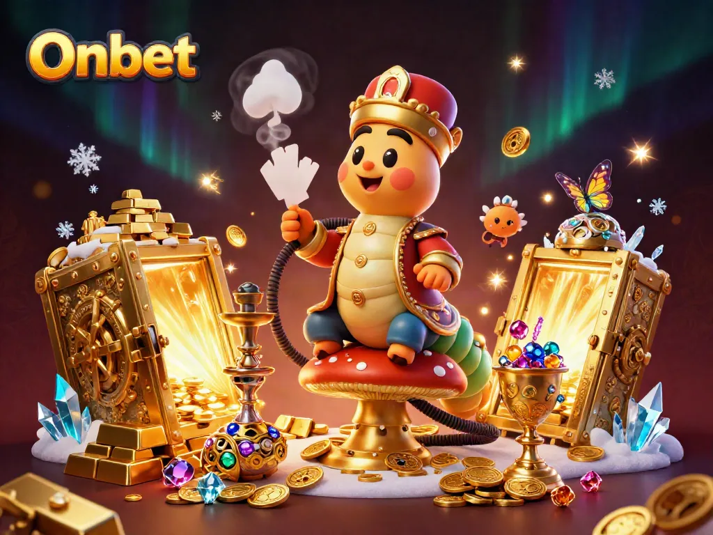 Experience Onbet's vibrant gaming world with a spectacular illustration of a whimsical caterpillar master amid treasures.