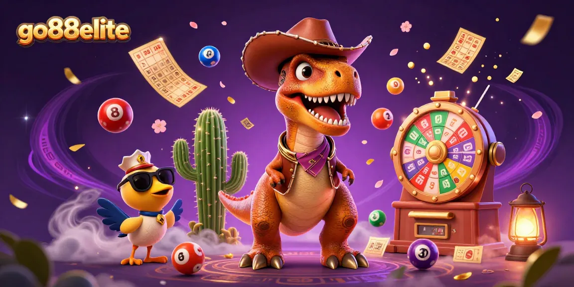 Go88elite showcases an exhilarating gaming scene with a dino character and prizes, captivating players.