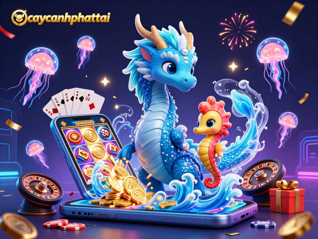 Engage with caycanhphattai as a vibrant 3D illustration showcasing a dragon, a knight, and themed casino elements.