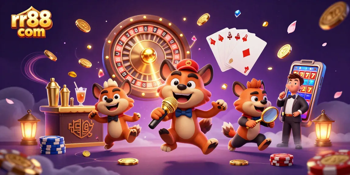 Experience rr88 com's vibrant casino atmosphere with animated hyenas and exciting gaming elements.
