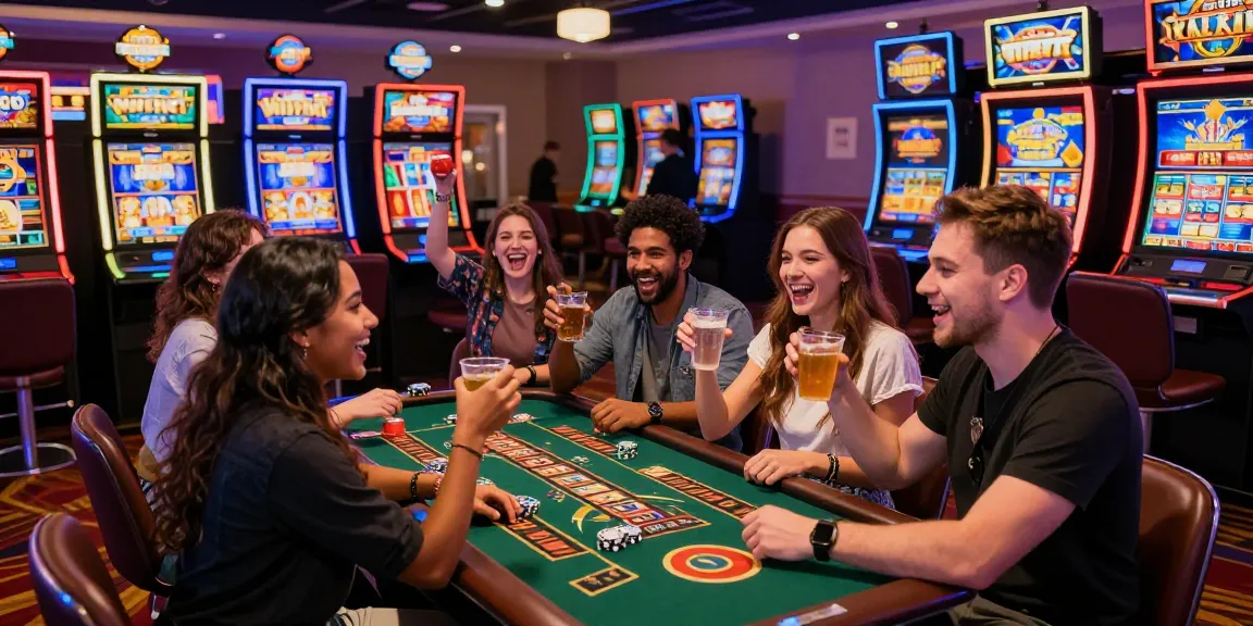 Friends enjoying the thrill of bandar slot games in a vibrant casino atmosphere.