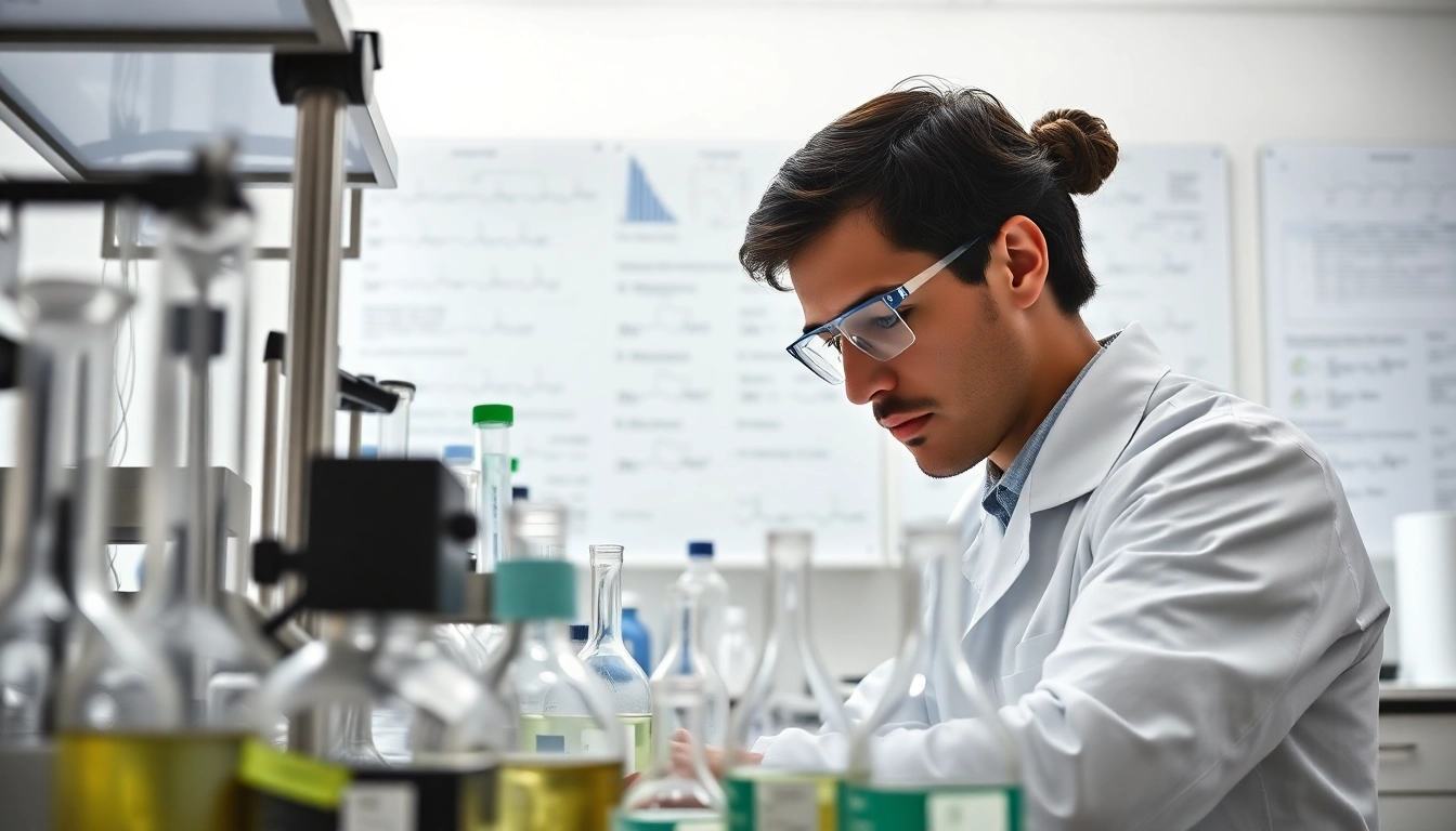 Researcher analyzing copper peptide ghk-cu in a bright laboratory setting with lab equipment.