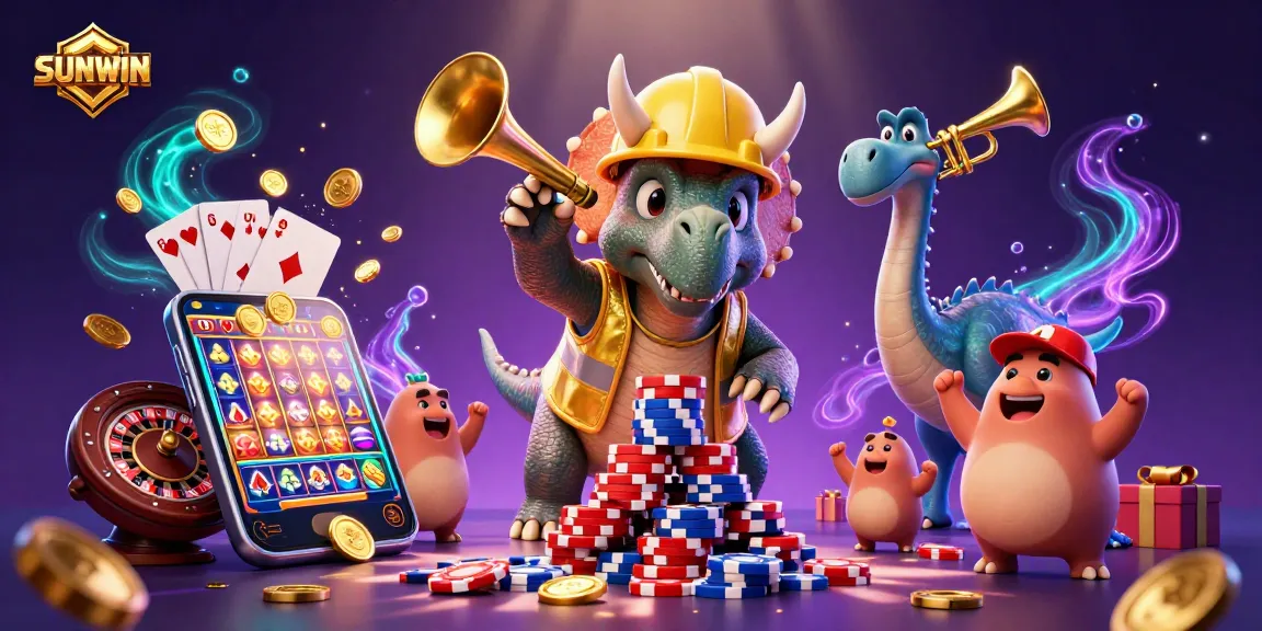 SUNWIN brings excitement as a triceratops builds poker chip pyramids and celebrates slots with friends!