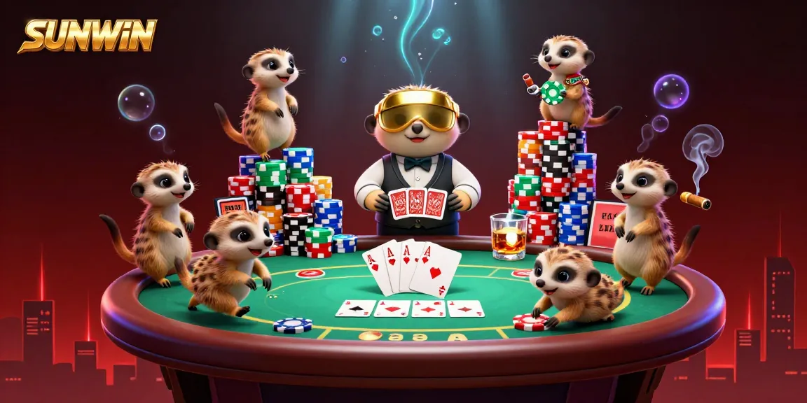 SUNWIN casino meerkats engaged in poker and chip handling, with vibrant 3D details.