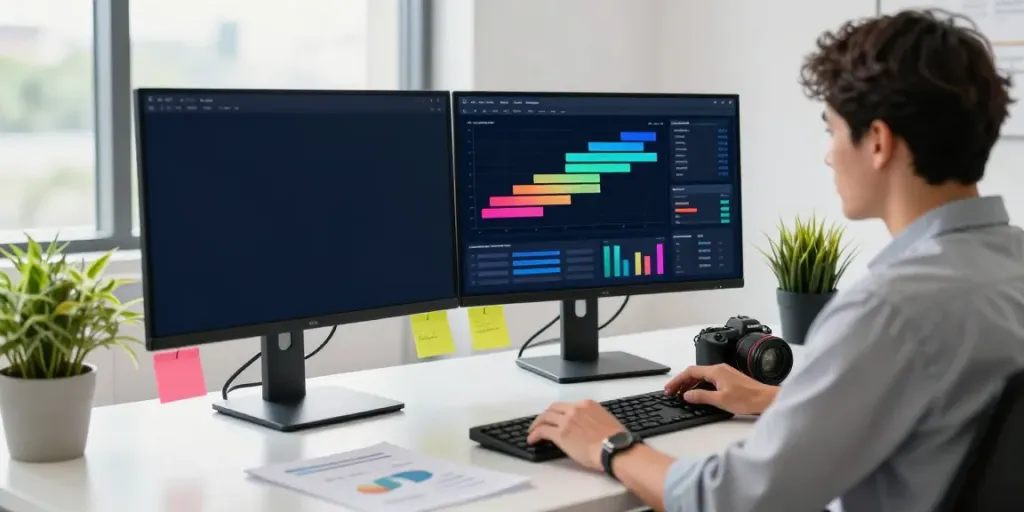 SEO specialist analyzing instant indexing data in a bright office.