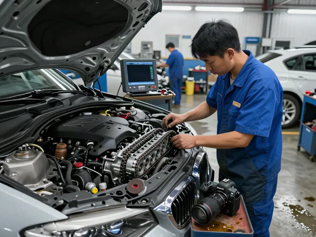 Mechaniker inspiziert die Steuerkette eines BMW in Hannover.