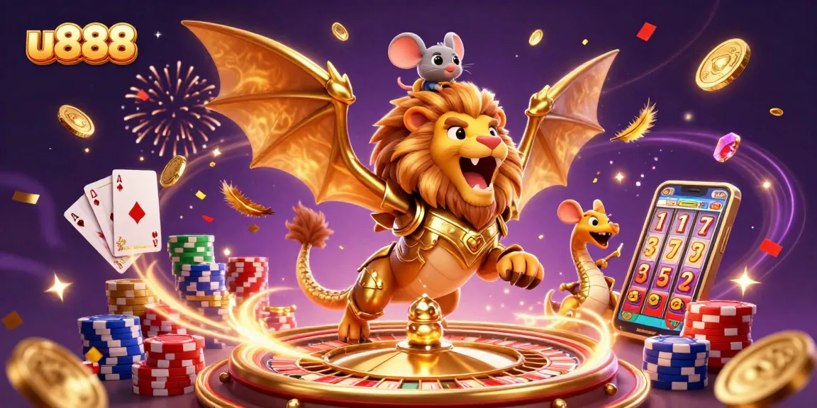 Experience exciting wins at u888 with a dynamic 3D illustration showcasing thrilling casino elements.