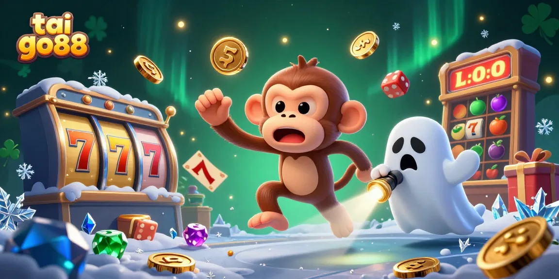 Experience thrilling tai go88 action with a mischievous monkey and curious ghost-hunter puppy in a haunted casino.