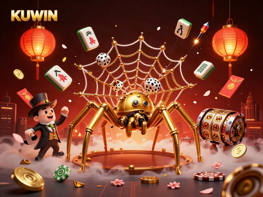 Engage with KUWIN's thrilling online gaming environment featuring a steampunk spider and casino elements.
