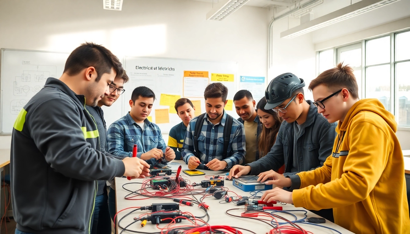 Students engaged in journeyman electrician exam prep California, highlighting teamwork and learning.