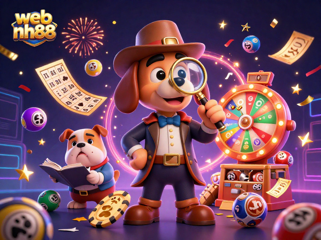 Experience thrill with web nh88 as you explore vibrant lottery and casino elements in a detailed scene.