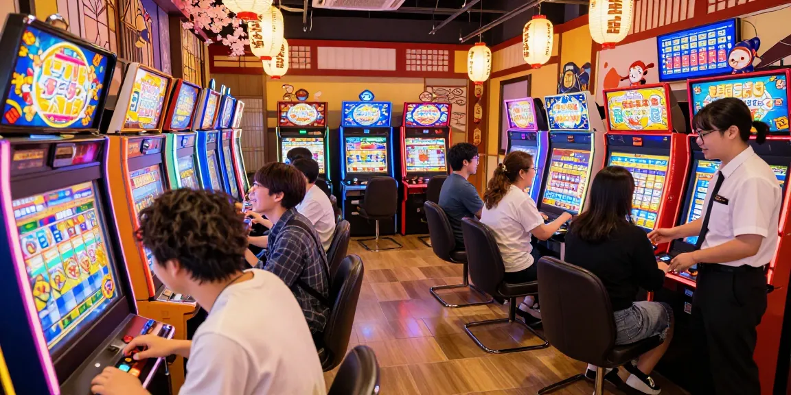 Excited players engaging with slot jepang themed machines in a vibrant e-commerce retail space.