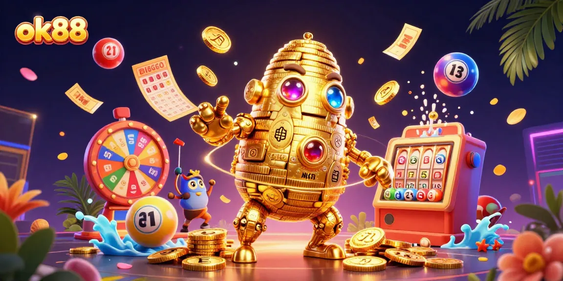Engage with the vibrant world of ok88, where the golden golem spins winning lottery balls in an exhilarating casino scene.