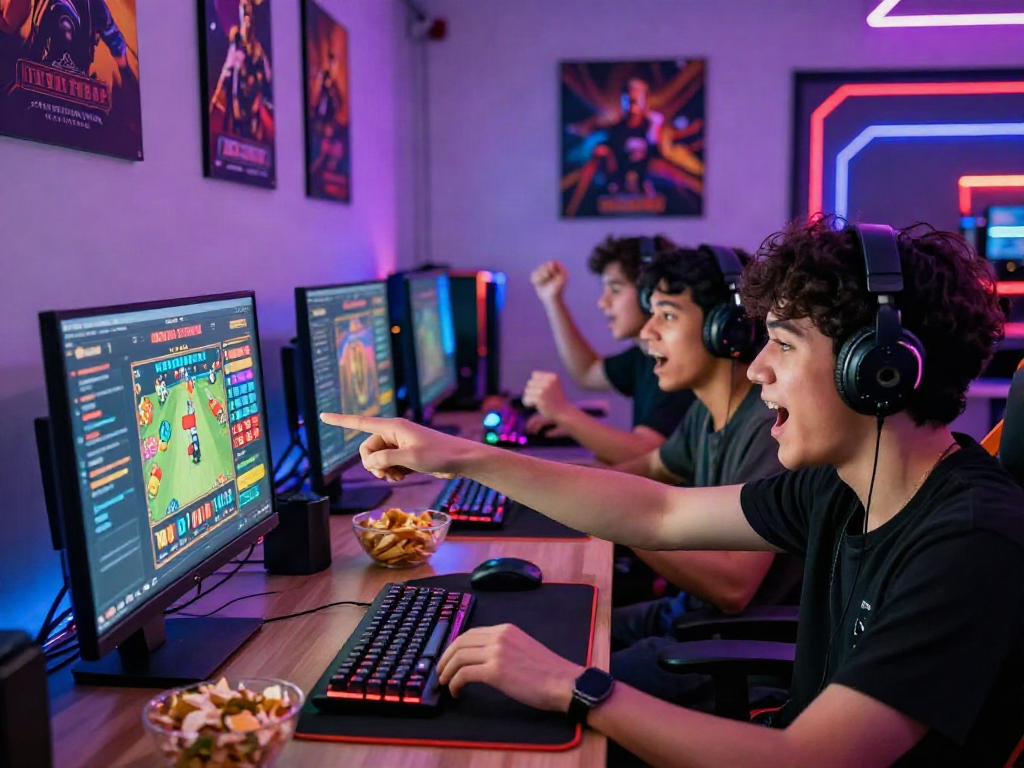 Friends enjoying a situs togel game together at an illuminated gaming setup, showcasing excitement and modern gaming culture.