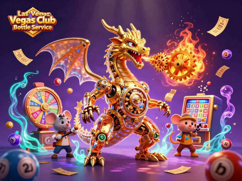 Experience Las Vegas Club Bottle Service with an extravagant golden dragon and vibrant gaming elements.