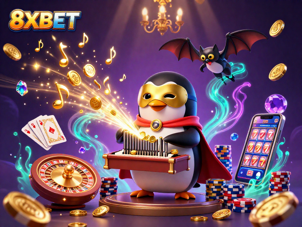 Engage with 8XBET through a vibrant 3D casino scene filled with coins, cards, and excitement.