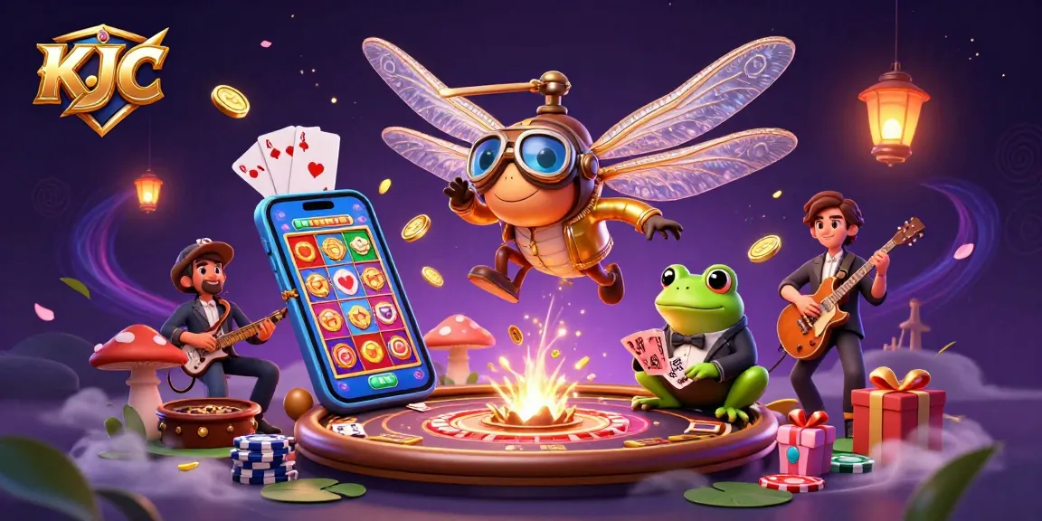 KJC showcases an exciting casino scene with a dragonfly pilot and vibrant gaming elements.