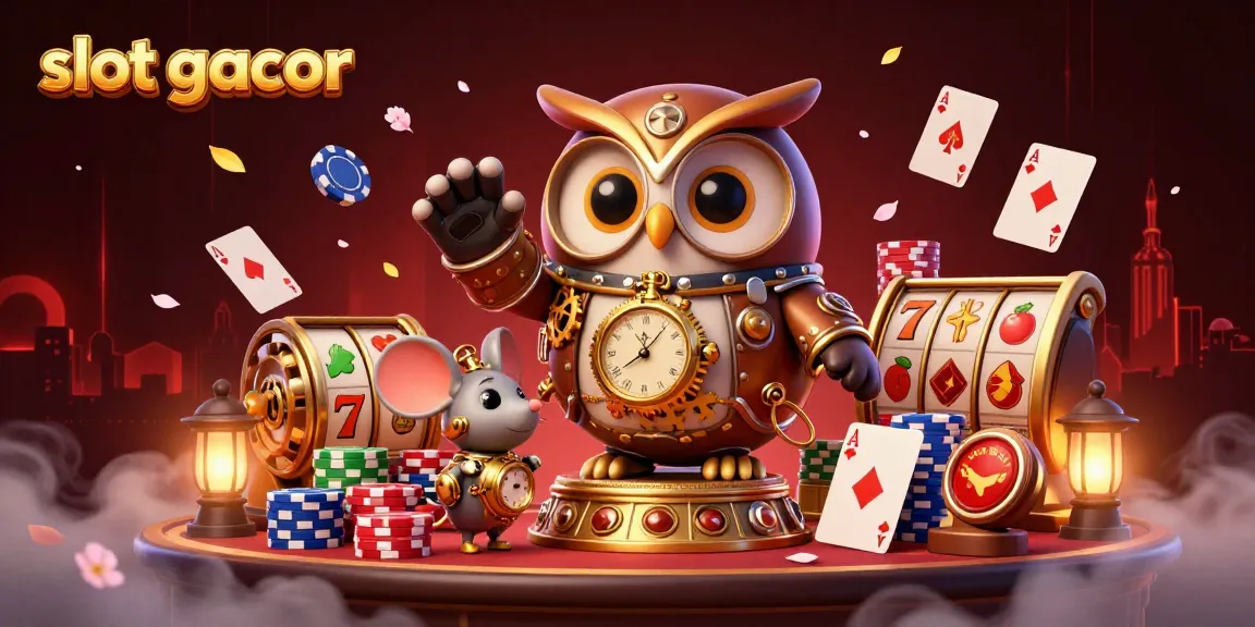 Engage with exciting slot gacor gameplay in a steampunk-inspired casino scene featuring vibrant slot reels.