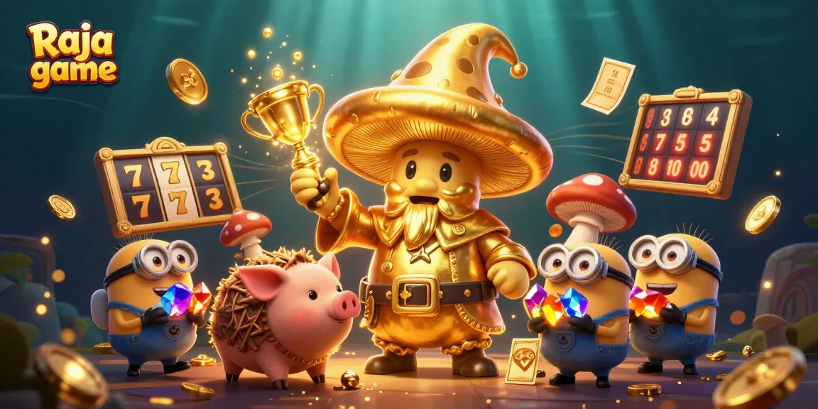 Win big with Raja game in this vibrant casino-themed 3D illustration featuring magical characters.