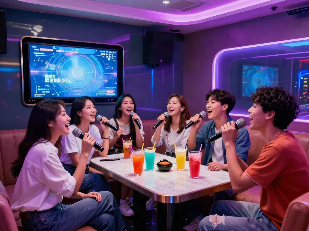강남 달리는토끼에서 친구들과 즐겁게 노래하는 모습, 현대적인 인테리어와 밝은 조명이 돋보입니다.
