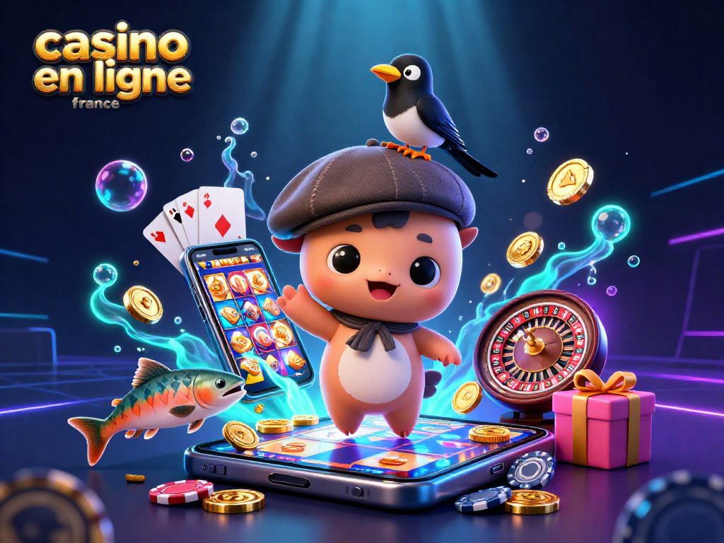 Découvrez le casino en ligne France avec l'illustration animée de Nessie, jouant à des jeux de casino.
