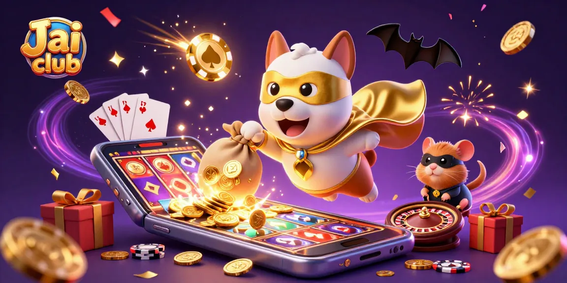 Experience the thrill of Jai club with a superhero dog and hamster soaring over a vibrant casino scene.