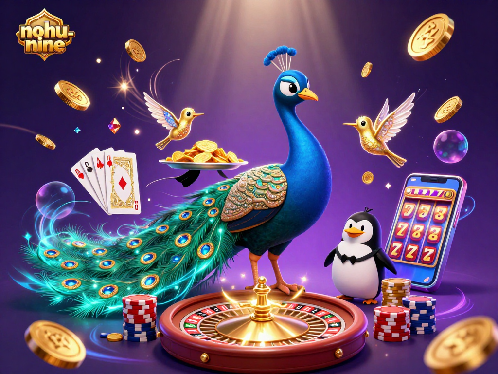 Experience high-stakes excitement with nohu-nine as a peacock and friends engage in thrilling casino games.