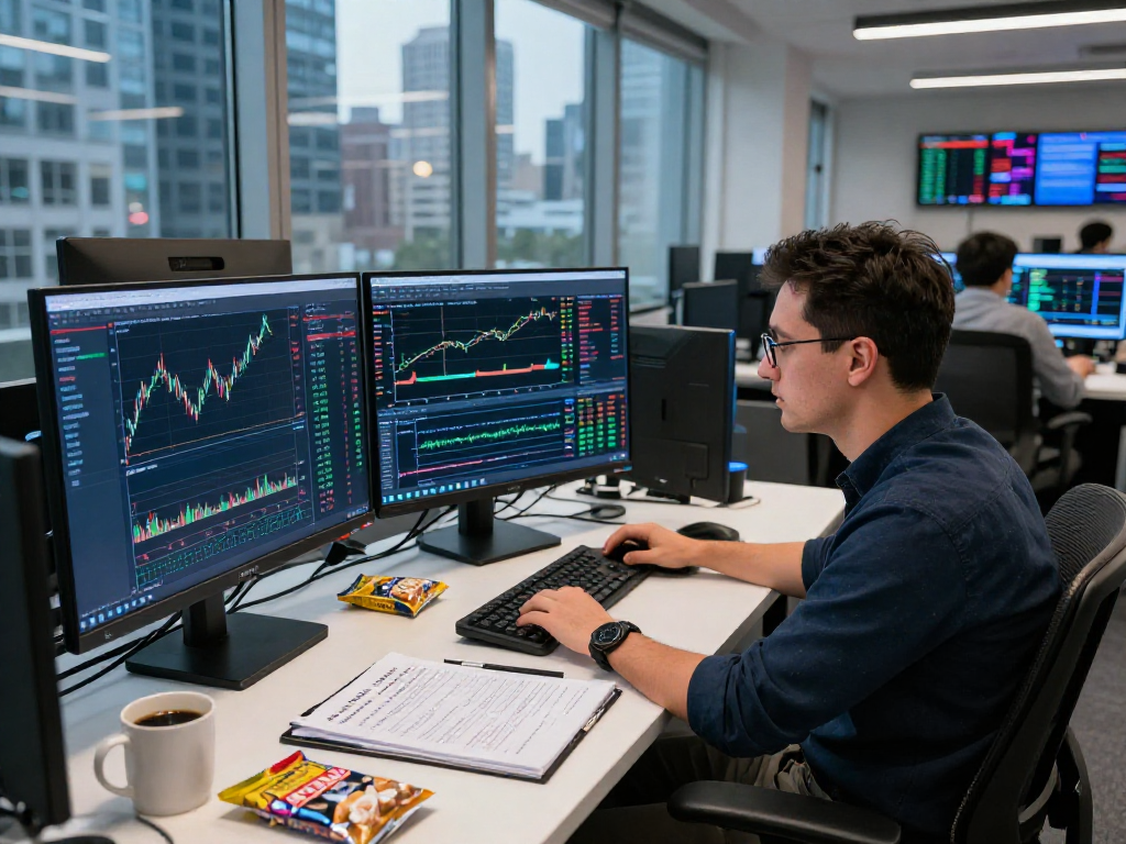 Trader using MetaTrader 5 in a dynamic financial workspace with multiple monitors.
